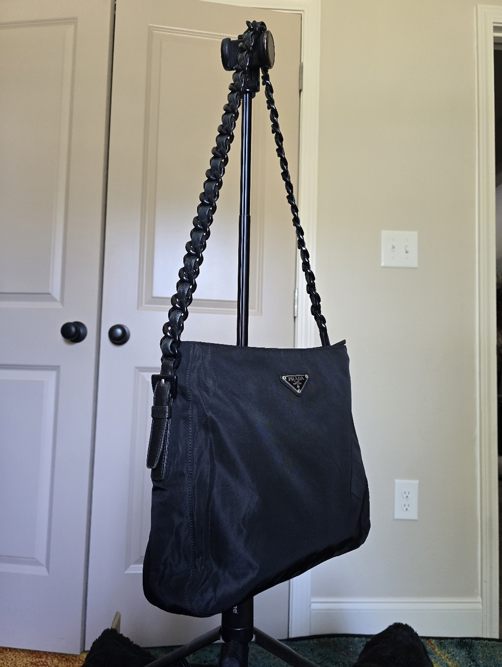 Authentic Prada Nylon Black Shoulder Bag with Braided Leather Chain Strap - Picture 3 of 16